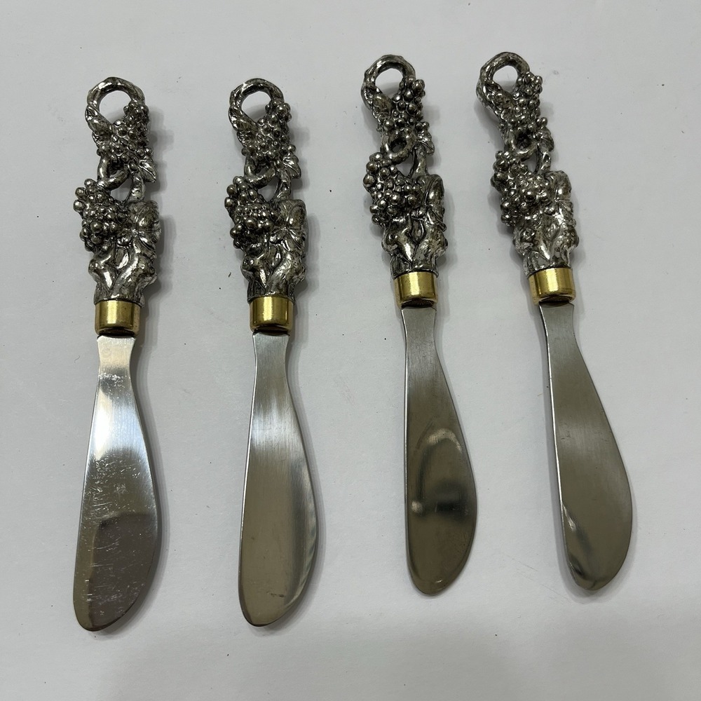 Vintage Arthur Court Spreaders Stainless Steel Grapes & Vine Pattern 5" Set Of 4